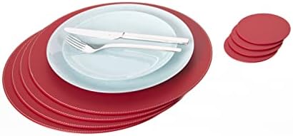 Nikalaz Set of Round Placemats and Coasters, 4 Table Mats and 4 Coasters, 33 cm Diameter Place Mat and 10 cm Coaster, Recycled Natural Leather, Dining Table Decor (Black)