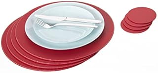 Nikalaz Set of Round Placemats and Coasters, 4 Table Mats and 4 Coasters, 33 cm Diameter Place Mat and 10 cm Coaster, Recycled Natural Leather, Dining Table Decor (Black)