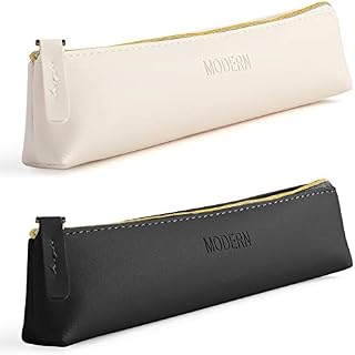 2 Pcs Leather Pencil Case Slim Pencil Case Pure Color Brief Mini Study Pencil Case with Metal Zipper, Suitable for College Students Girls Boys(Black/Beige)
