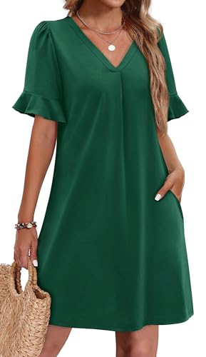 OFEEFAN Womens Green Dress V Neck Ruffle Flattering Dress for Women Tea Party Dresses with Pockets L