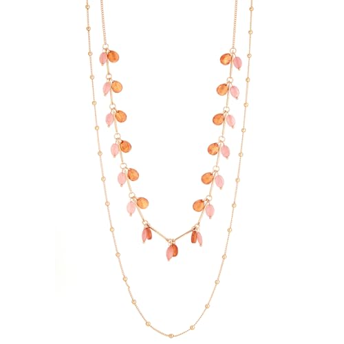 FULU AUTUMN Collier Femme Long en Or Collier Statement avec Perles Chaine Double Rang Bijoux Fantaisie pour Femme Cadeau la Fête des Mères(Orange pink)