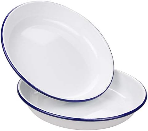 Webake 9.5 Inch Enamel Plates, 2 Pack Salad Pasta Bowls Enamelware Dinner Plates White Body with Blue Rim, Serving Trays for Dinner, Outdoor, Picnic, BBQ, Butter