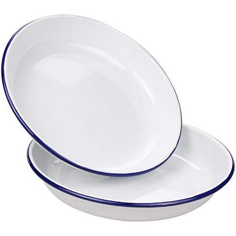 Webake 9.5 Inch Enamel Plates, 2 Pack Salad Pasta Bowls Enamelware Dinner Plates White Body with Blue Rim, Serving Trays for Dinner, Outdoor, Picnic, BBQ, Butter Cover