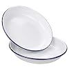 Webake 95 Inch Enamel Plates 2 Pack Salad Pasta Bowls Enamelware Dinner Plates White Body with Blue Rim Serving Trays for Dinner Outdoor Picnic BBQ Butter