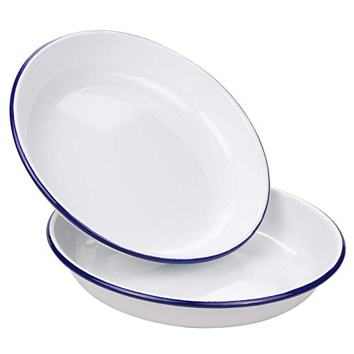Webake 9.5 Inch Enamel Plates, 2 Pack Salad Pasta Bowls Enamelware Dinner Plates White Body with Blue Rim, Serving Trays for Dinner, Outdoor, Picnic, BBQ, Butter by webake - Used condition - CA$18.46