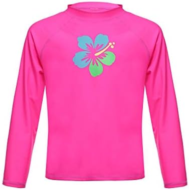 Dayu Girls' Long Sleeve Rashguard Swim Shirt UPF 50+ Neon Pink 12-14