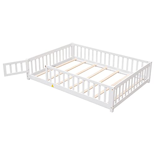 Full Size Floor Bed For Kids, Montessori Bed Frame With Fence-Shaped Guardrails, Support Slats And Door, Wood Full Size Floor Bed With Rails For Kids,Boys & Girls, No Box Spring Needed (White, Full) #TOP4