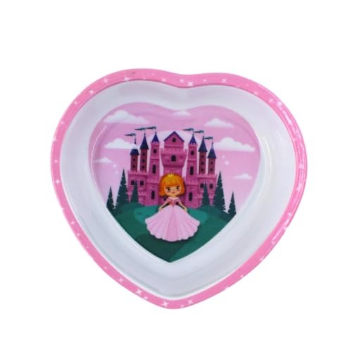 Kit 2 Peças: Prato e Tigela Infantil em Forma de Coração com Estampa de Princesa e Castelo, Rosa