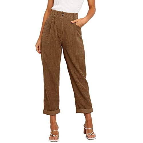 Ausla Pantalones de Pana para Mujer Pantalones Vintage Pantalones de Pierna Recta de Talle Alto con Bolsillos(L-Marrón Oscuro) Cover
