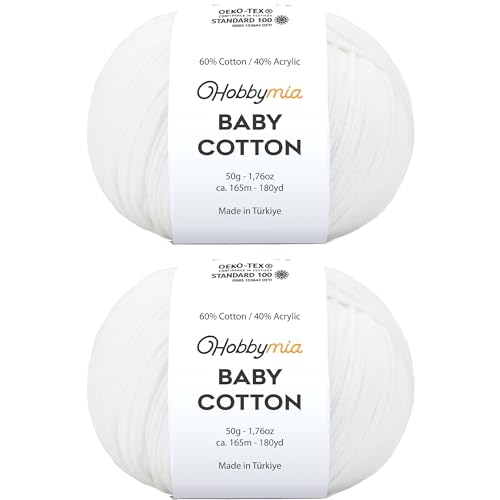 Image of Baby Cotton Blend Yarn - Soft Sport Weight Yarn for Crochet & Amigurumi - 50g /180yds - 60% Cotton 40% Acrylic - Ideal for Baby & Knitting Proj.(Max White, 2 Balls)