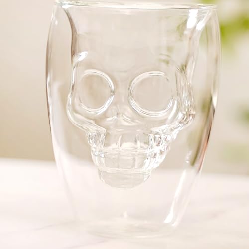 Image of Nestasia Skull Shaped Double-Walled Glass Tumblers Set of 2 (250ml) | Microwave & Dishwasher Safe | Stylish Glasses for Cocktails, Parties, Margaritas