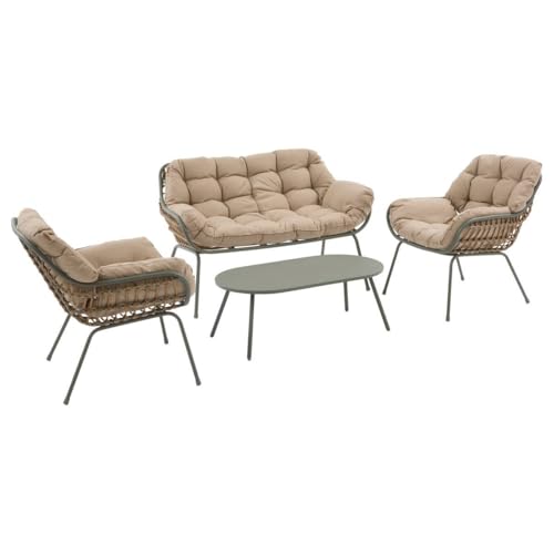 Hespéride - Salon de Jardin Paopao Laurier, Beige 4 Places Anti-Rouille Coussins Confortables 2 Fauteuils 1 Canapé 1 Table Basse pour Terasse, Balcon