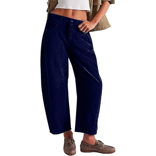 Barrel Pants Women High Waisted Wide Leg Corduroy Pants Casual Loose Button Down Vintage Work Trousers with Pockets