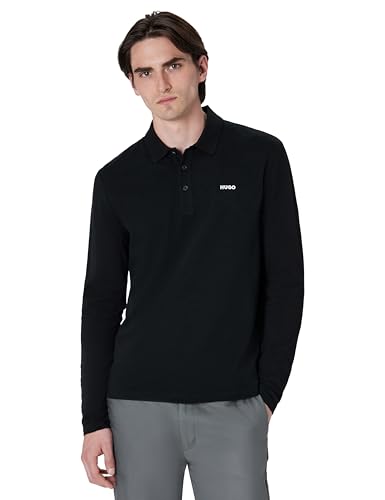HUGO, Contrast Logo Long Sleeve Polo Shirt, Pitch Black, M