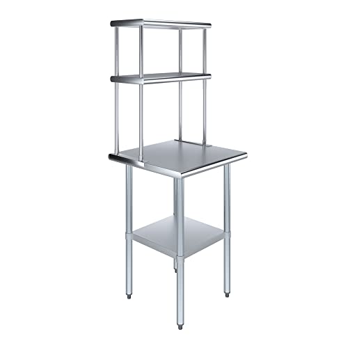 Image of AmGood Stainless Steel Work Table with 12 inch Wide Double Tier Overshelf | Metal Kitchen Prep Table & Shelving Combo | NSF (Stainless Steel Table with Double Overshelves, 24 inch Long x 24 inch Deep)