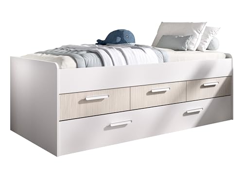 DEKIT GRUPO RIMOBEL LEKA - Cama compacta con tres cajones y una cama arraste - Blanco / aLISTONADO - 67x195x95 cm