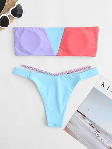 Zaful Colorblock Bandeau Bikini For Women Strapless Bathing Suits Braided Strap Bikini 2 Piece Swimwear(5-Light Blue,S) #TOP5