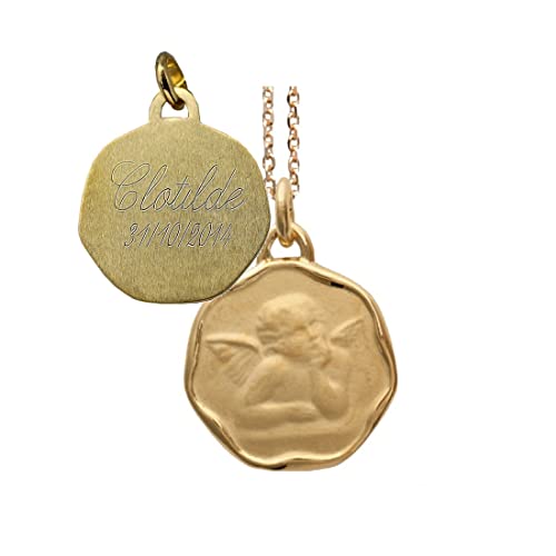 Médaille Ange naissance ou baptême plaqué or ronde avec gravure incluse et chaine de 45cm