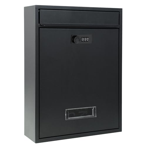 Mailboxes for Outside, Wall Mount Locking Security Mailbox with Combination Lock and 3 Sets Mail Box Numbers, Large Capacity Steel Cover Metal Postbox for Outdoor, 13.8X10.8X3.25 Inch Black