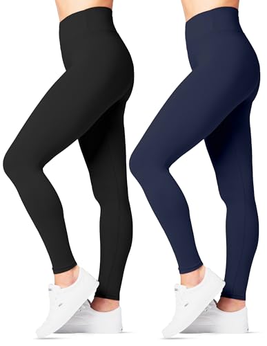 SATINA High Waisted Leggings for Women - Capri and Full Length Yoga Pants - Buttery Soft Workout Leggings with Tummy Control - Available in Long Length and Plus Size Tights - Black and Navy, Pack of 2