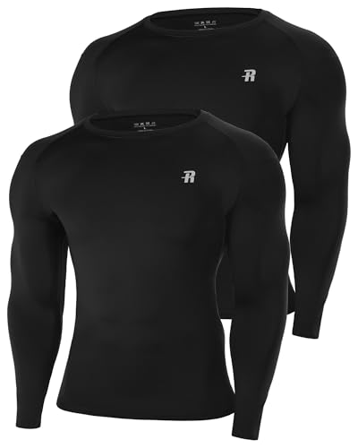 Image of Runhit 2 Pack Men's Compression Long Sleeve Shirt, UPF 50+ Rash Guard Skins Performance Mens Muscle Fit Baselayer for Gym Workout Basketball Fishing All Black M