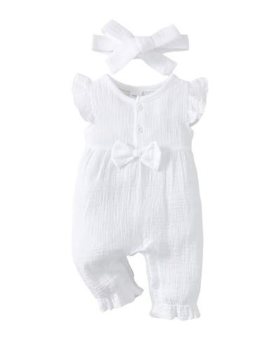 Renotemy Newborn Infant Baby Girl Clothes Summer White Rompers Outfits Sleeveless Baby Girl Bodysuit Preemie Jumpsuit Newborn Clothes Girl