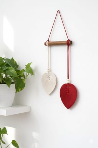 Image of AdFashionble Boho Macrame Wall Hanging Leaf Decor for Home, Living Room & Bedroom | Cotton Thread Art with Wooden Rod | Minimalist Handmade Wall Decoration | Aesthetic Nordic Wall Art for Home, Office & Gift Purpose (RED & WHITE)