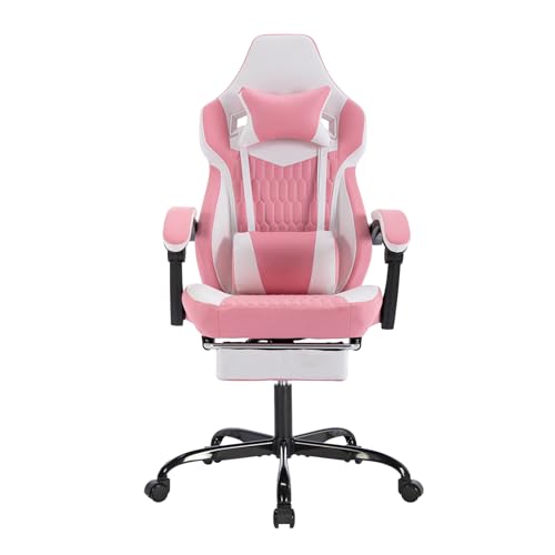 Image of Gaming Chair with Footrest for Home Office - High Back Computer Chair with Headrest and Lumber Support, Ergonomic Height Adjustable Leather Game Chairs (Pink+White)