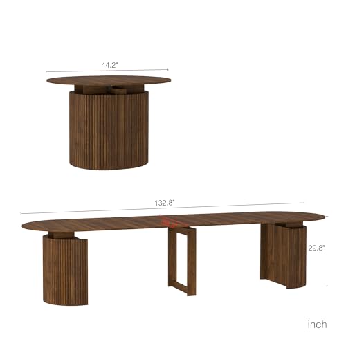 Image of 44 in-132 in Extendable Round Dining Table for 4-12, Long Large Expandable Kitchen Table with Fluted Base, Space Saving Modern Farmhouse Oval Dinner Tables for Dining Room, Kitchen, Living Room, Brown