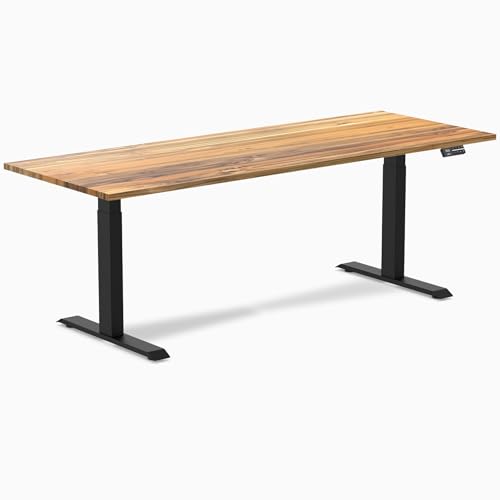 Image of Desky Dual Hardwood Sit Stand Desk - 80x30 Electric Standing Desk - Dual Motor, 3 Stage Adjustable Height Desk - Solid Wood Standing Desk - Whole-Piece Top in Teak Wood