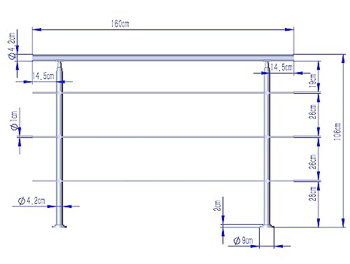 FINEUNAN Edelstahl Handlauf Geländer für Treppen Brüstung Balkon mit 3 Querstreben - Innen und Außen Handlauf Geländer Treppengeländer Edelstahl Brüstung Balkon (160CM, 3 Querstreben)