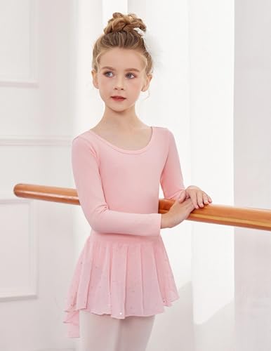 Image of Arshiner Girls Long Sleeve Ballet Leotards with Shinny Skirts Criss-Cross Back Dance Dresses