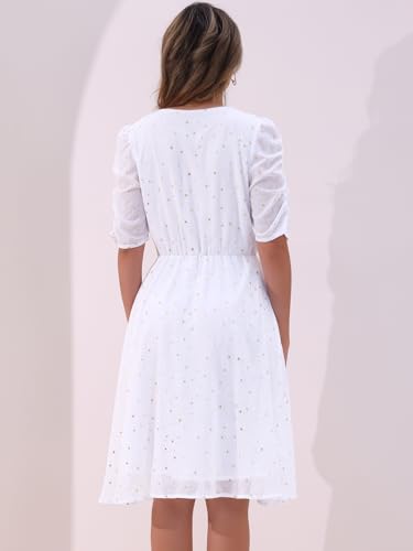 Image of Allegra K Chiffon Dress for Women's Metallic Stars Ruched Sleeve V Neck A-line Dress