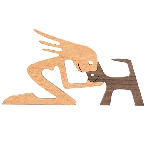 HUANRU Últimas figuras de madeira escultura ornamentos, estilo abstrato pessoas com estátua de cão, amizade entre cão e pessoas monumentos estátua para homens mulheres meninos meninas idosos