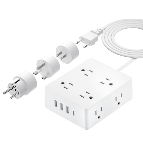 European Travel Plug Adapter, Olcorife Power Strip with EU UK US Plug Adapter, 8 Outlets 4 USB Ports with 5ft Extension Cord, International Power Adapter for US to Europe UK