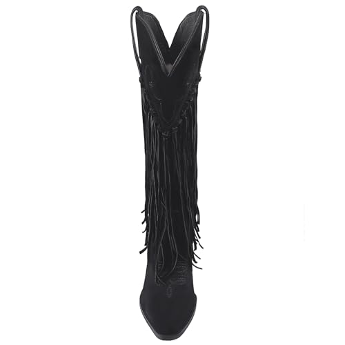 Women's Fringe Cowboy Boots Knee High Pointed Toe Chunky Embroidered Western Tassel Cowgirl Boots3