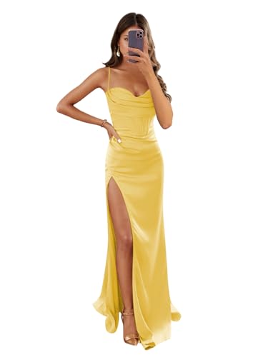 Image of Women's Mermaid Prom Dress with Slit Satin Bridesmaid Dresses Long Corset Evening Formal Party Gown