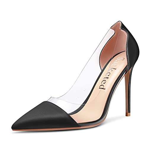 Saekcted Women Stiletto High Heel Clear Pointed Toe Pumps Sexy Cute Wedding Slip-on 3.9 Inches Heels Shoes