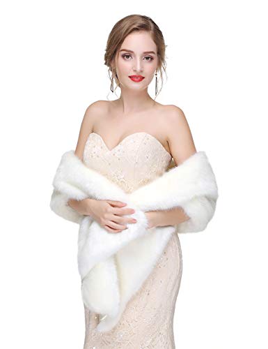 Teyglen Bridal Faux Fur Wrap Wedding Winter Fur Wrap Shawls with Brooch Long Fur Stole Collar Scarf for Women Evening Party4