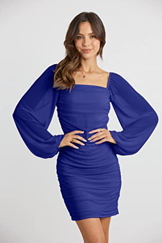 Image of MASCOMODA Women Elegant Square Neck Lantern Long Sleeve Mini Ruched Bodycon Dress Stretch Mesh Slim Party Cocktail Dresses