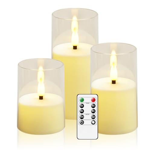 JINYANIA Upgraded Flickernde Flammenlose Kerze, LED Acryl Shell Pillar Kerze, Batteriebetriebene Kerze mit Fernbedienung und Timer, Acryl elektrische Kerzen Set von 3 (D 3 "xH 4" 5 "6")（Elfenbein）