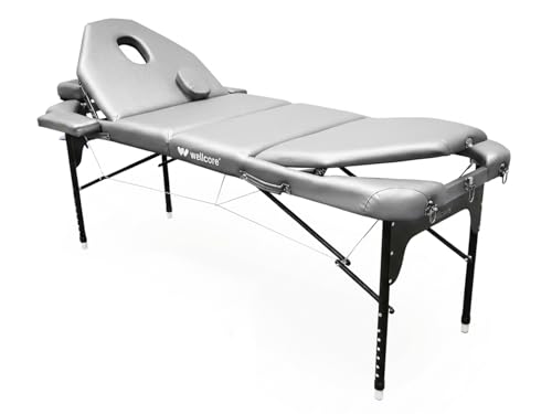WELLCORE Faltbare Klappliege aus Aluminium, mit doppelter Rückenlehne, klappbar, 185 x 65 cm, Kunstleder, höhenverstellbar, Gelenkkopf, Gesichtsloch, Farbe: Silber, Transporttasche, bis 225 kg