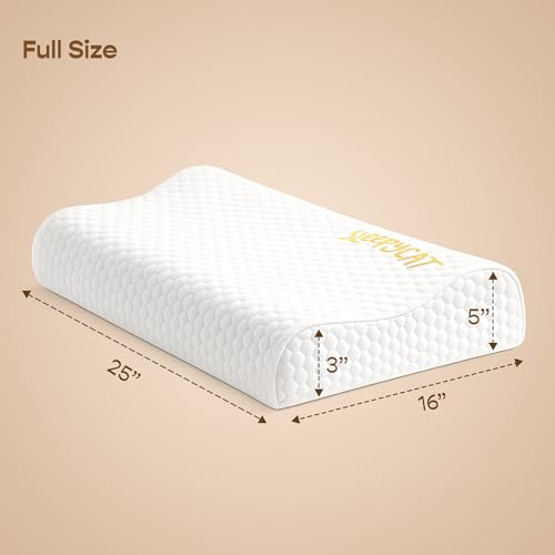 Image of SleepyCat Cervical Memory Foam Pillow | Full Size Contour Design for Neck Pain Relief | Perforated Real Memory Foam for Airflow | No Sagging, Breaking or Flattening | White, Set of 4 (25 X 16 inches)
