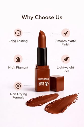 Image of Grace Heaven Matte Lipstick, Long Lasting, Smudge-Proof, Lightweight Formula, Bullet Lipstick (Brown)