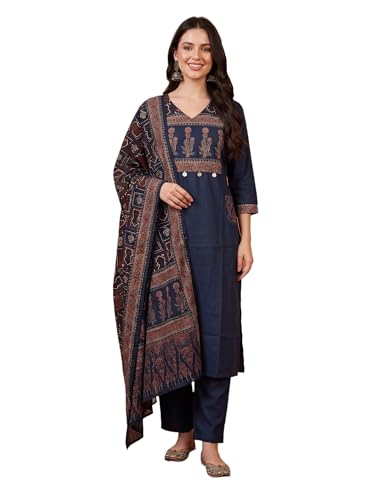 Image of INDO ERA Women's Straight Pure Cotton Floral Self Design Kurta & Pant With Dupatta Set | Kurta Sets For Woman