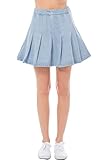 MixMatchy Women's High Waisted Pleated Denim Tennis Mini Skirt with Side Zipper Light Denim S