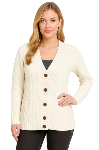 Image of Womens Chunky Cable Knitted Ladies Boyfriend Grandad Pocket Button Top Cardigan, (M/L 12-14, Cream)