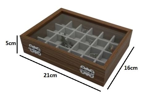 Image of KRISHYAM Wooden Jewelry Box Jewellery Case with Glass Lid, 24 Grid Jewelry Organizer with Lock for Rings, Earrings