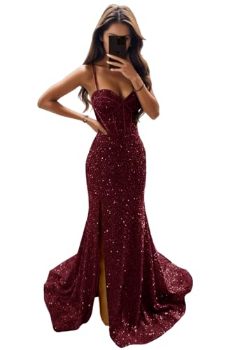 Sevintage Women’s Sequin Prom Dress Long Sparkly Mermaid Corset Formal Evening Party Gown Slit Train