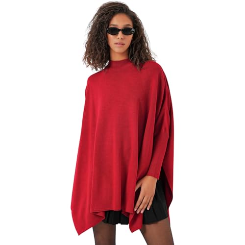Image of Women's Crew Neck Batwing Sleeve Split Hem Oversized Knit Poncho Sweater
